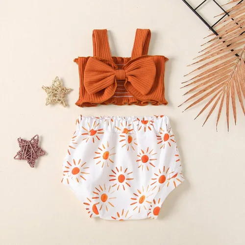 Vista 2 de Noubeau Ropa para niña pequeña, con lazo acanalado, camiseta sin mangas, linda camiseta sin mangas, pantalones cortos de verano para bebé niña