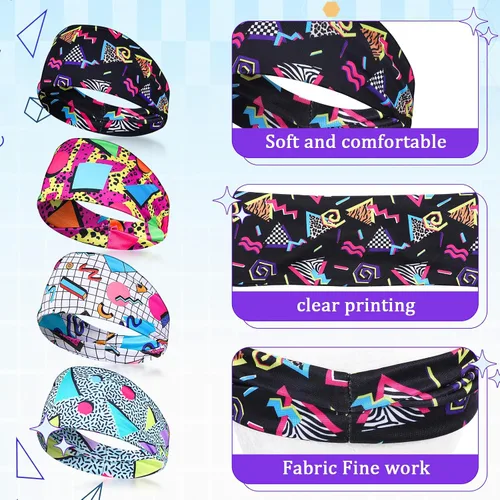 Vista 3 de Paquete de 4 diademas vintage de neón de los años 80 y 90, bandas deportivas retro suaves de los años 90, accesorios de atuendo para mujeres