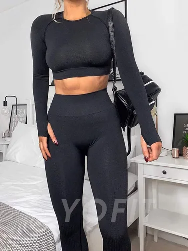 Vista 7 de YOFIT - Conjunto deportivo de 2 piezas leggings de yoga de cintura alta sin costuras y crop top con manga larga para mujer, juego de ropa