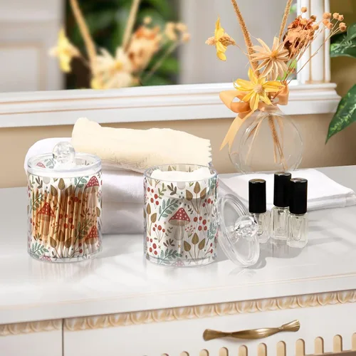 Vista 7 de Paquete de 2 tarros de boticario para baño, hojas de hongos, dispensador de plástico transparente con tapa para bolas de algodón, hisopo de algodón