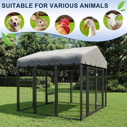 Vista 4 de Perrera para perros de 6 x 6 pies, para exteriores, con alimentación, resistente al aire libre, jaula duradera para perros con techo y doble