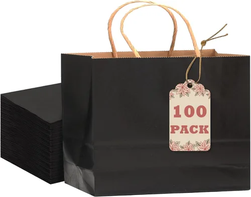 Vista 10 de qiqee Paquete de 26 bolsas de regalo negras con asas a granel de 8.3 x 3 x 6 pulgadas, bolsas de papel kraft de tamaño pequeño para fiestas