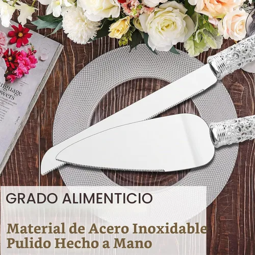 Vista 5 de Juego de cuchillo y servidor de plata para boda, juego de 2 piezas de postre con mango de metal con piedras de cristal para decoración de bodas