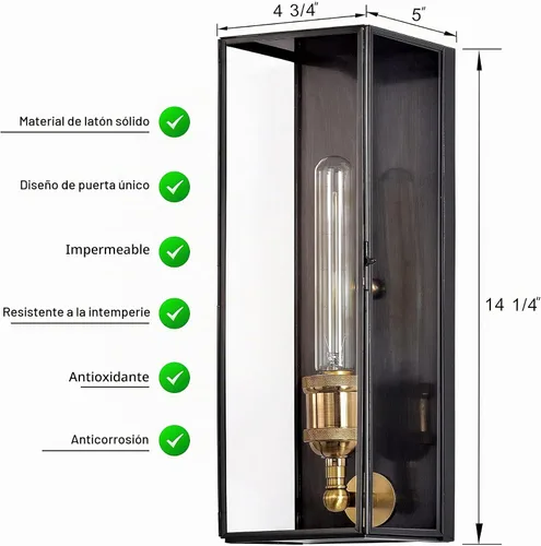 Vista 4 de Farol de pared de latón macizo para exteriores, lámpara de porche exterior con vidrio templado, iluminación de pared rectangular impermeable
