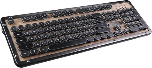 Vista 3 de Azio Retro Classic Bluetooth (Elwood) - Teclado mecánico retroiluminado inalámbrico/USB con cable de madera de nogal vintage para PC/Mac, madera