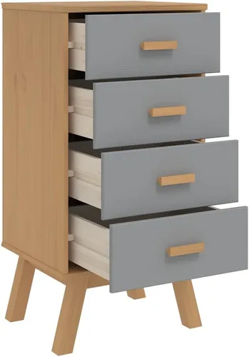 Vista 6 de Scandinavian Bedside Cabinet Grey Brown Nightstand, 4-Drawer Solid Pine Wood Storage for Bedroom, Sleek Rectangular Design with Wall Attachment