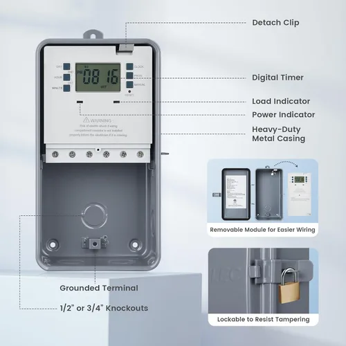Vista 6 de SURAIELEC Temporizador para alberca, temporizador digital de 7 días y 24 horas para bomba de piscina, 40 AMP de servicio pesado, 120/240/277 VAC