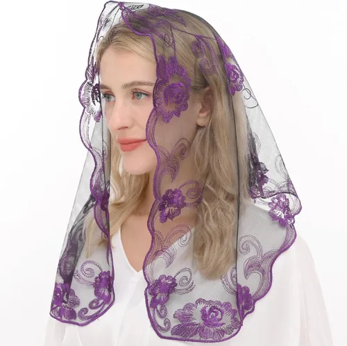 Vista 6 de Ammmscaf Chaple Veil Lace Mantilla Católica Masa Bordado Cabeza Que Cubre Velo De Iglesia
