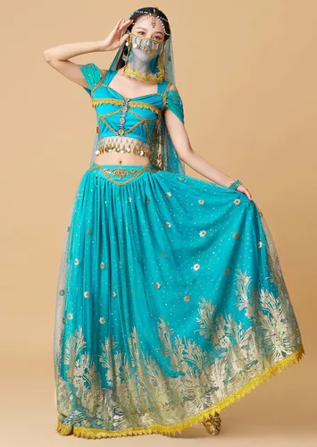 Vista 3 de Disfraces de princesa jazmín para mujer, disfraz de Aladdin para Halloween, cosplay, traje de danza del vientre