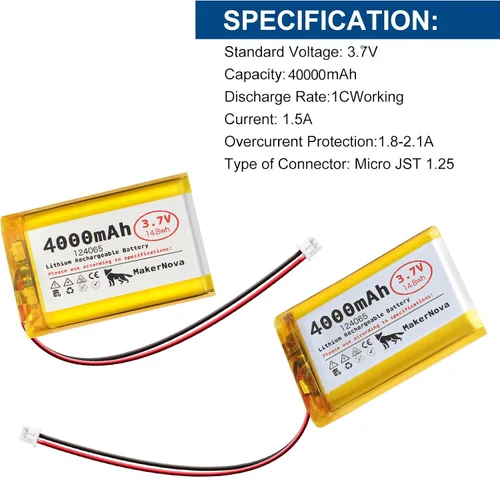 Vista 4 de Batería LiPo de 3.7V 124065 4000mAh, recargable 1S 3C, conector Micro JST 1.25, placa de protección dual, 1 paquete