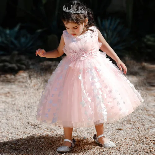 Vista 3 de Vestido de tutú de mariposa con pétalos de flores para niños, para boda, concurso de baile, primera comunión, cumpleaños, tul