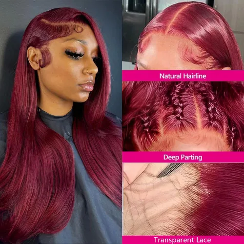 Vista 2 de Pelucas de cabello humano con encaje frontal color borgoña 99J de 13 x 4, pelucas de encaje frontal lacio prearrancado, pelucas de cabello humano