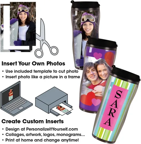 Vista 2 de Taza + etiqueta de bolsa = combo de regalo de bricolaje: crea tu propia taza de viaje personalizada con foto y etiqueta de equipaje, inserta tus