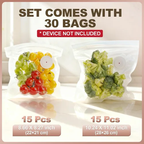 Vista 3 de Bolsas selladoras al vacío reutilizables para alimentos: 30 bolsas de sellado al vacío reutilizables sin BPA con válvula de aire y 2 clips