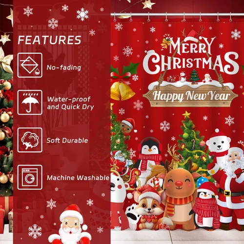 Vista 5 de JWXCBIM - Cortina de ducha de Navidad Feliz Navidad y Feliz Año Nuevo, decoración para el hogar de Papá Noel y muñeco de nieve, cortina de baño