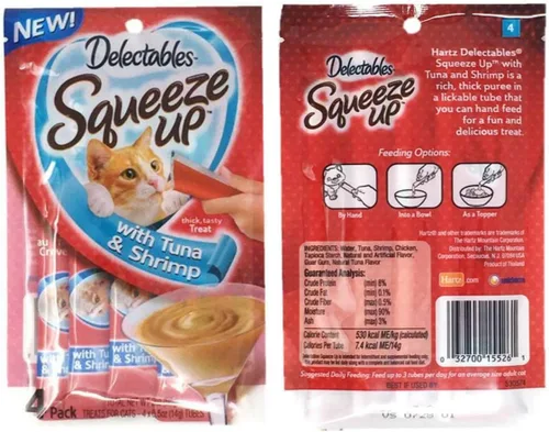 Vista 2 de Delectables Squeeze Up Hartz Cat Treats Paquete de 4 bolsas de sabor, 2.0 onzas cada una (atún y camarones)