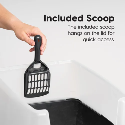 Vista 3 de IRIS USA - Caja de arena para gatos con tapa abierta con pala y escudo de dispersión, color negro + paquete de fuente de agua para gatos de 44