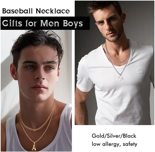 Vista 3 de STORUP Collares de béisbol para niños y hombres, de acero inoxidable en capas plateadas, doradas, negras, iniciales, collares de béisbol para niños