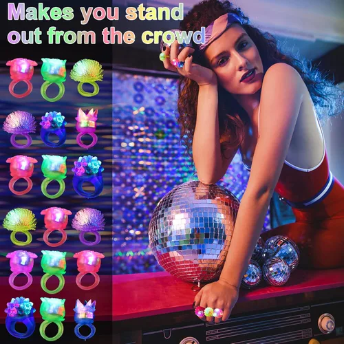Vista 4 de Vinsot 72 anillos iluminados para fiestas rave, anillos de gelatina intermitentes LED que brillan en la oscuridad, luz de goma, regalo de fiesta