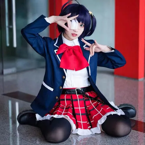 Vista 5 de Anime Takanashi Rikka Cosplay uniforme escolar conjunto con abrigo calcetines corbata