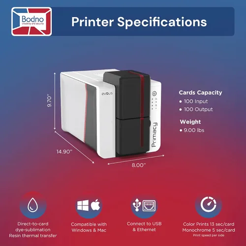 Vista 5 de Bodno Evolis Primacy 2 Impresora de tarjetas de identificación de doble cara y paquete de suministros completos Software de identificación Edición
