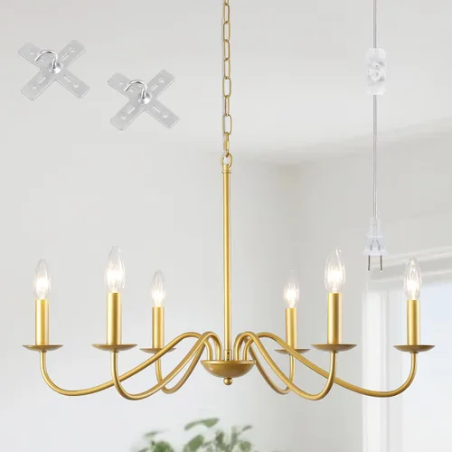 Vista 9 de Lámpara de araña enchufable con cable largo, candelabros estilo granja negros de 6 luces para lámpara de comedor, luces colgantes con cable 12 luces