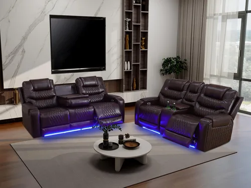 Vista 128 de Juego de sofá reclinable eléctrico, seccional de cuero transpirable beige, juego de muebles de sala de estar, 2 piezas, sofá reclinable eléctrico