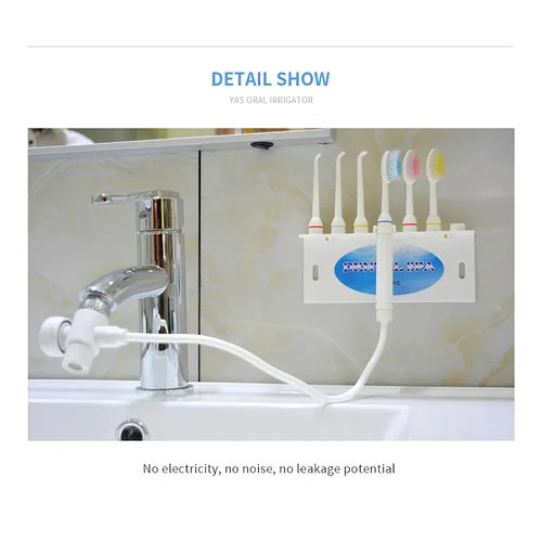 Vista 2 de Irrigador de agua para uso familiar, 3 puntas de chorro y 3 cepillos de dientes para grifo y ducha, irrigador oral de seguridad no eléctrica