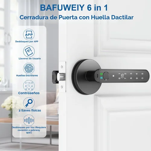 Vista 2 de Cerradura de puerta de huellas dactilares, perilla inteligente 6 en 1 con control de aplicación/huellas dactilares/tarjetas IC/contraseñas/2 llaves