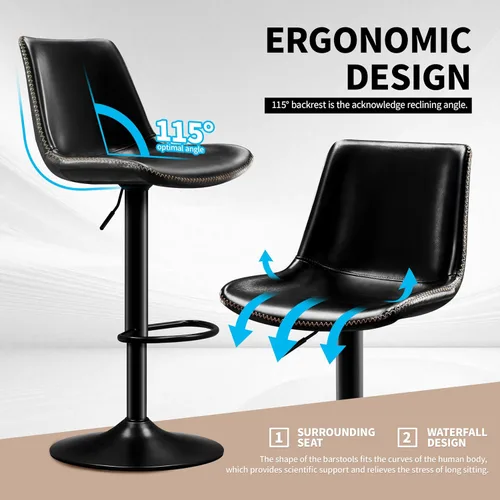Vista 5 de STOOLINK Taburete de Bar Moderno Extra Grande con Asiento de Cuero de Microfibra - Altura Ajustable, Ergonómico de Servicio Pesado, Conjunto de Negro