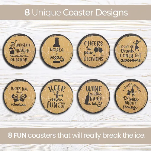 Vista 2 de Divertidos posavasos para bebidas, juego de 8 con soporte, base de corcho absorbente para protección de mesa, hechos de madera de ingeniería, ideal