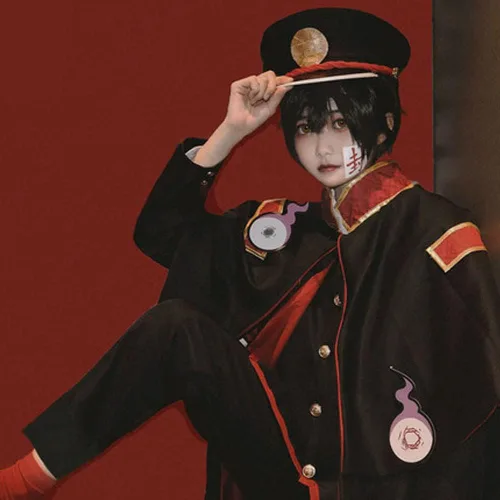 Vista 6 de Okazaki Disfraz de cosplay de Hanako Kun, conjunto completo de uniforme escolar, conjunto completo de Halloween con sombrero Hanako(con capa)