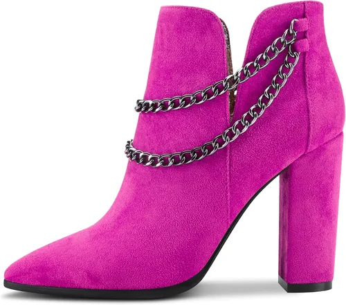 Vista 2 de Aachcol Botines cortos para mujer, puntera puntiaguda, tacón alto grueso, gamuza de 4 pulgadas