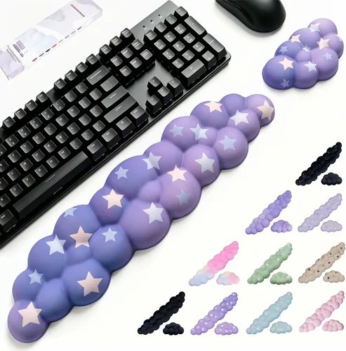 Vista 15 de Cloud - Juego de reposamuñecas para teclado y mouse, incluye un bonito posavasos, con computadoras y portátiles (juego de estrellas negras)