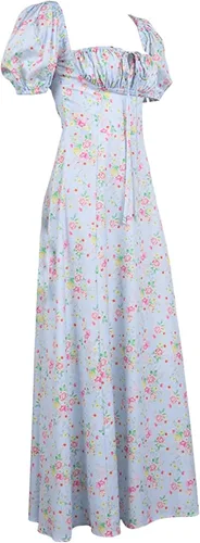 Vista 6 de Vestido de verano para mujer, estampado floral, hombros descubiertos, manga corta, dividido, para fiesta de playa, vestido bohemio