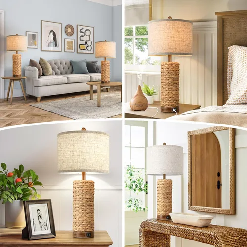 Vista 6 de Lámpara de mesa de ratán para sala de estar con 2 puertos USB, lámpara de mesa de dormitorio de 27 pulgadas de altura con base de sarga marina hecha