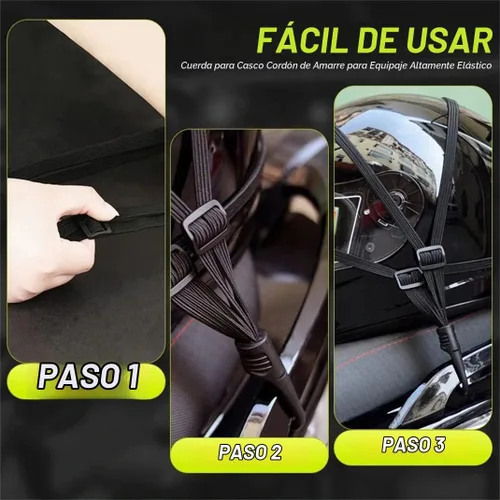 Vista 7 de 2 piezas de correa elástica retráctil de alta calidad para casco de motocicleta en negro, con malla para casco y 2 ganchos (23.6")