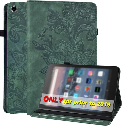 Vista 18 de Amazon Kindle Fire HD 8 8ª/7ª/6ª generación 2016/2017/2018, diseño de flores de encaje en relieve de piel sintética, a prueba de golpes, con soporte