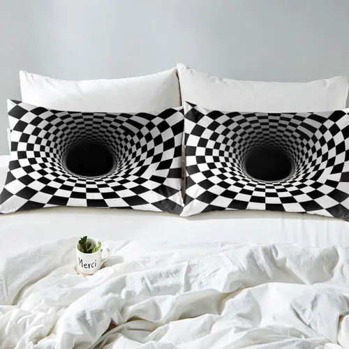 Vista 4 de Castle Fairy Funda de edredón de cuadrícula negra y blanca para niños, niñas, funda de edredón de abstracción visual, tamaño matrimonial, juego