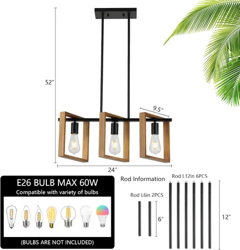 Vista 2 de 9MMML Lámpara de 3 luces para isla de cocina, lámpara de comedor negra, con marco de madera, para sala de estar, vestíbulo, entrada, pasillo, E26