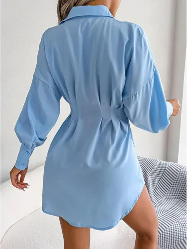 Vista 5 de TOPINCN Minivestido tipo camisa con cuello en V para mujer, estilo casual, manga larga, botones, fruncido, longitud hasta la rodilla, vestido