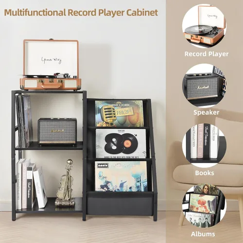 Vista 2 de Bikoney Soporte para Tocadiscos, Soporte para Tocadiscos con Almacenamiento de Discos de Vinilo de 3 Niveles, Mesa para Tocadiscos de Hasta 200