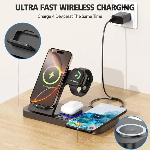 Vista 5 de Estación de carga inalámbrica de teléfono dual para dispositivos Apple, cargador inalámbrico de 30 W con interruptor automático de luz y reloj de 7