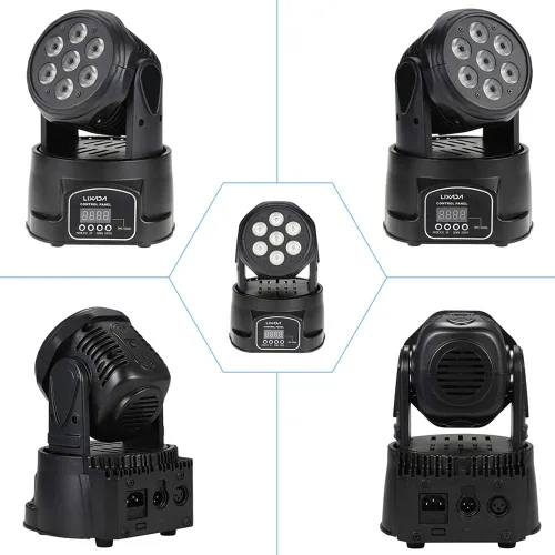 Vista 7 de Lixada Luz de cabeza móvil 7x10W Cabeza móvil 4 en 1 RGBW profesional 9/14 canales DMX-512 DJ luces 100W AC 100-240V sonido activo para KTV Club Bar