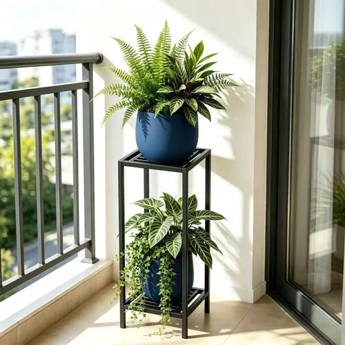 Vista 2 de Zhongma Soporte para Plantas de Interior y Exterior de 2 Niveles de 30" de Alto, 12 L x 12 W x 30 H pulgadas, Soporte de Flores de Metal Cuadrado