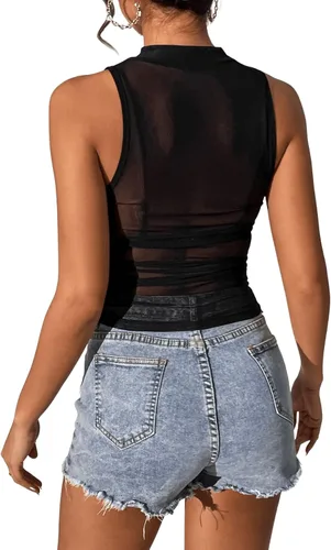 Vista 2 de SweatyRocks Camiseta sin mangas con cuello alto falso para mujer, ajustada, fruncida, de malla transparente