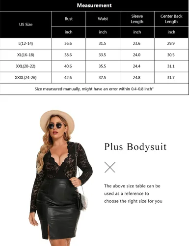 Vista 6 de Gladiolus Body de encaje para mujer, talla grande, sexy, con escote en V profundo, a presión, de manga larga, L-XXXL