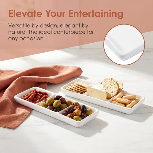 Vista 4 de DOITOOL 2 platos de cerámica para servir, 3 compartimentos, bandejas para servir aperitivos, platos de salsa divididos rectangulares blancos