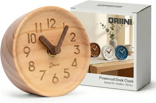 Vista 8 de Driini Reloj de Escritorio Analógico de Madera – 4.3 pulg. Madera de Pino Decorativa, Diseño Sin Tic-Tac – Reloj de Repisa Silencioso de Barrido