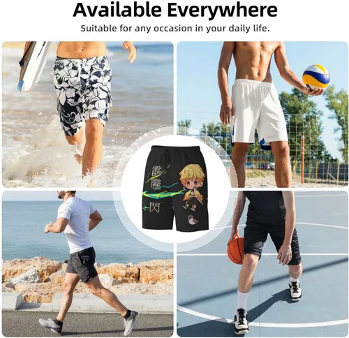 Vista 6 de Demon Kimetsu No Yaiba - Pantalones cortos de playa divertidos de verano, hawaianos, de secado rápido, parte delantera plana, para hombres y mujeres